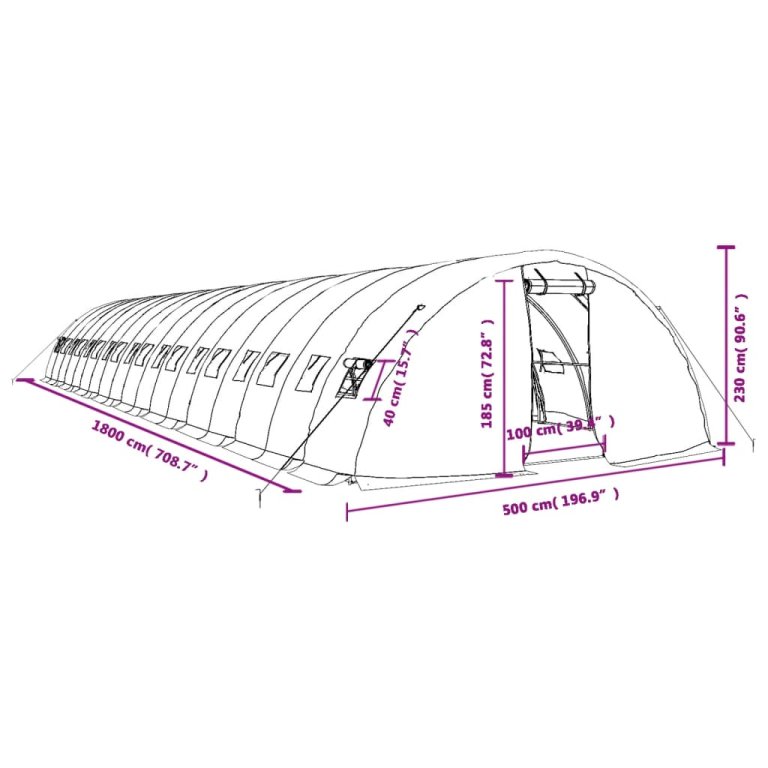 zöld acélvázas melegház 90 m² 18 x 5 x 2,3 m