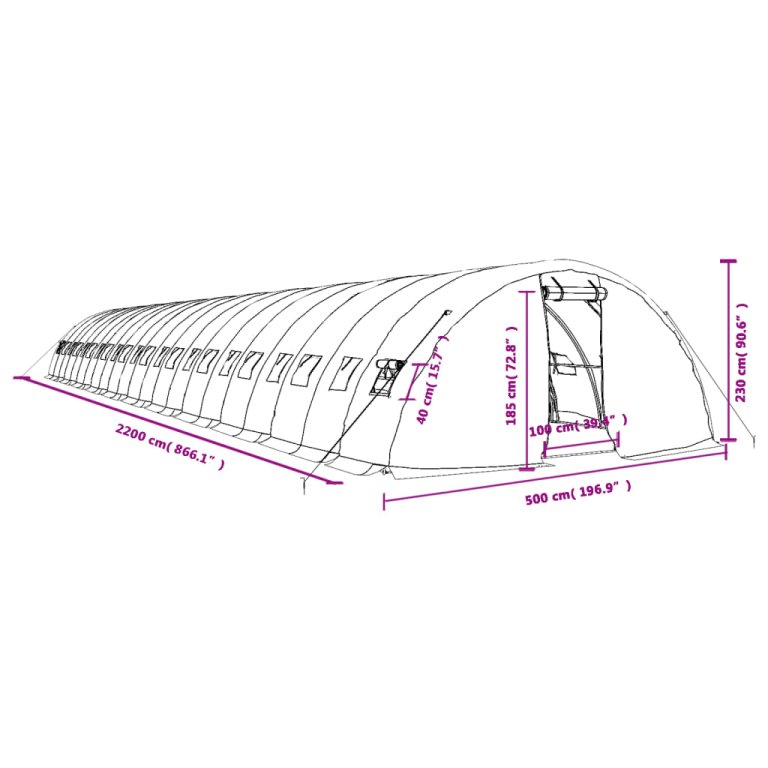 fehér acélvázas melegház 110 m² 22 x 5 x 2,3 m