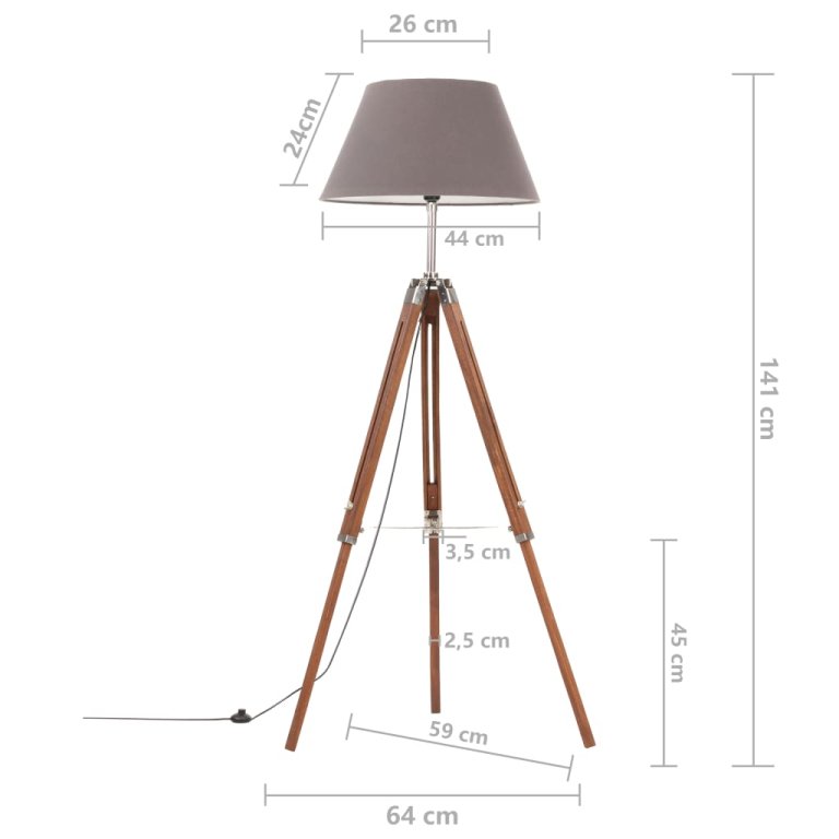 mézbarna-szürke háromlábú tömör tíkfa állólámpa 141 cm