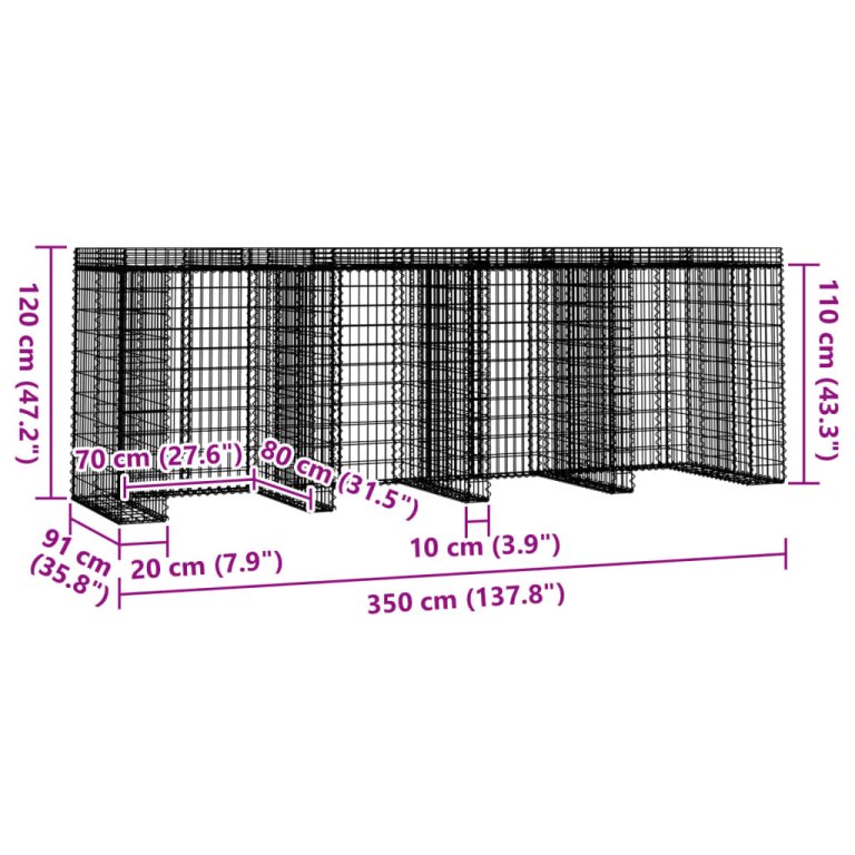 horganyzott vas gabionkosár szemeteskukához 350 x 91 x 120 cm