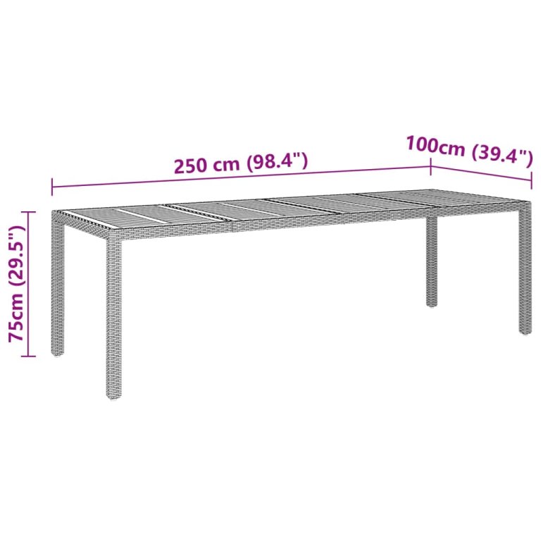 szürke polyrattan és tömör akácfa kerti asztal 250x100x75 cm