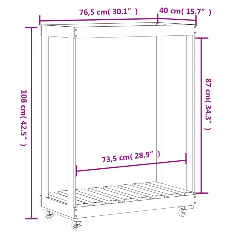 fekete tömör fenyőfa rönktároló kerekekkel 76,5 x 40 x 108 cm