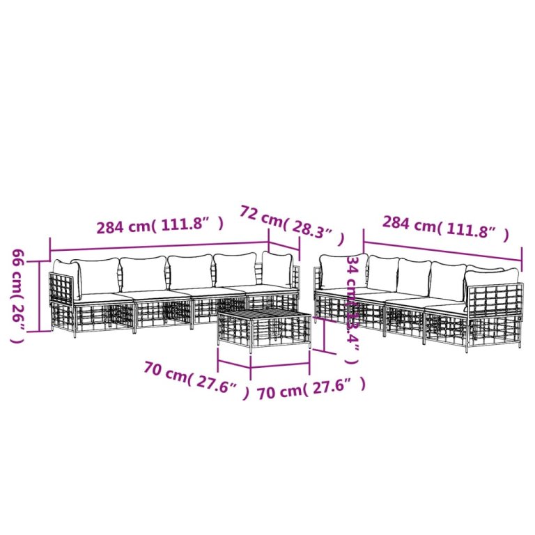 9 részes antracitszürke polyrattan kerti ülőgarnitúra párnákkal