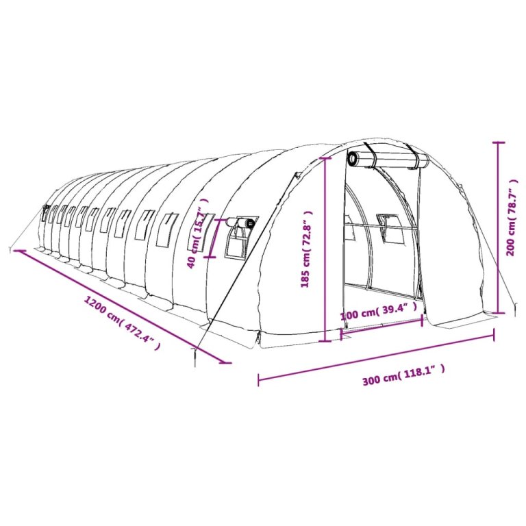 zöld acélvázas melegház 36 m² 12 x 3 x 2 m