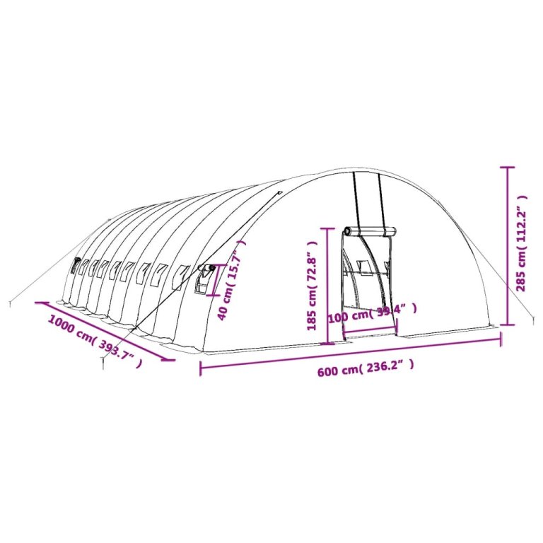 fehér acélvázas melegház 60 m² 10 x 6 x 2,85 m