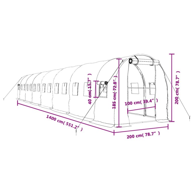 zöld acélvázas melegház 28 m² 14 x 2 x 2 m