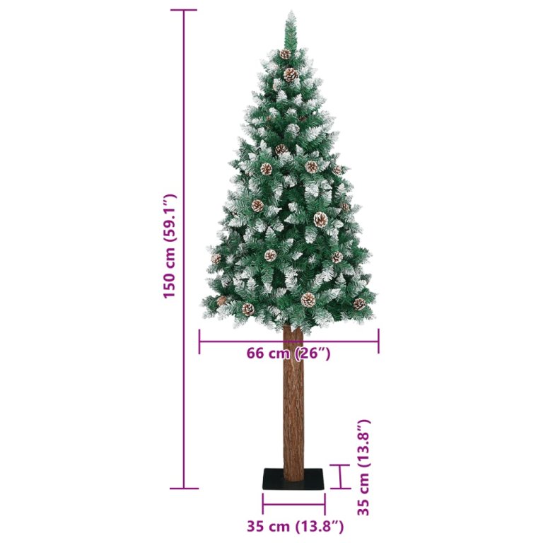 zöld vékony karácsonyfa valódi fával és fehér hóval 150 cm