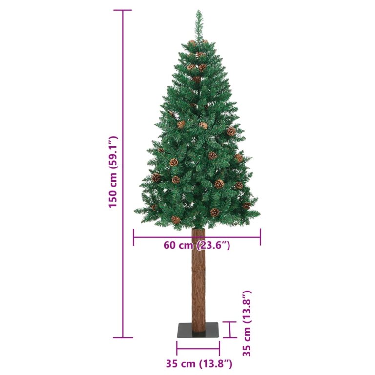 zöld PVC vékony karácsonyfa valódi fával és tobozzal 150 cm