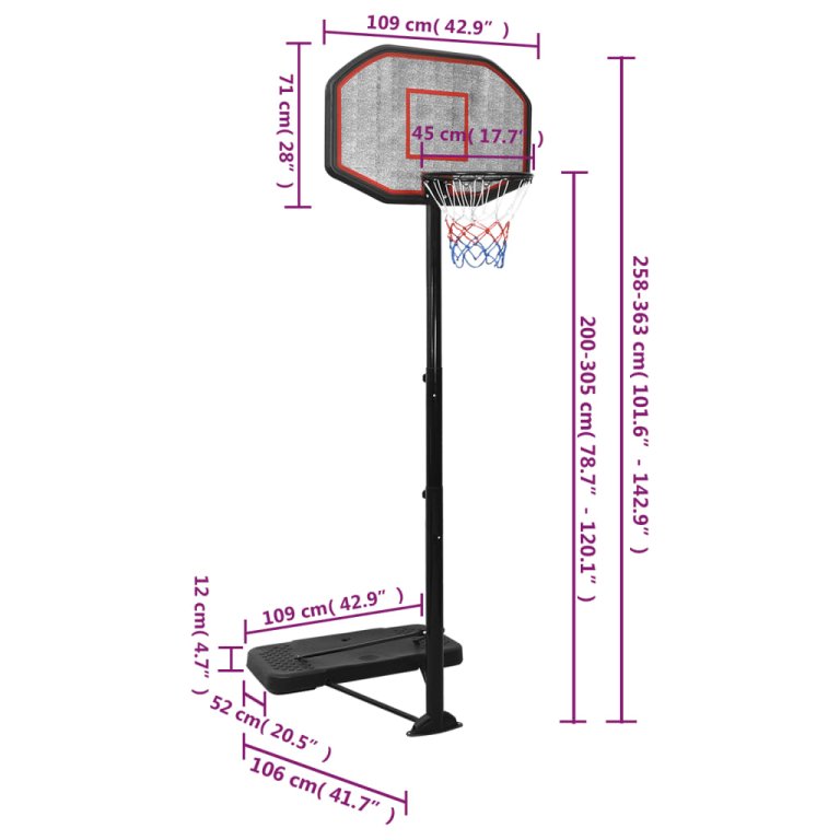 fekete polietilén kosárlabda állvány 258-363 cm