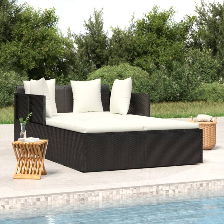 fekete polyrattan napozóágy párnával 182 x 118 x 63 cm