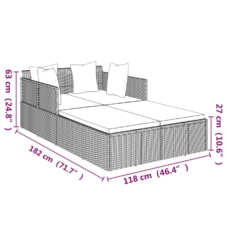 fekete polyrattan napozóágy párnával 182 x 118 x 63 cm