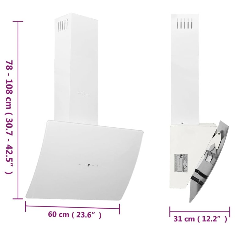 fehér acél és edzett üveg fali páraelszívó 60 cm