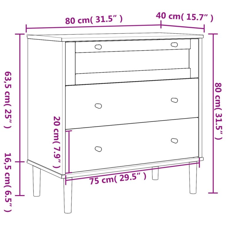 SENJA fekete rattan hatású tömör fenyőfa komód 80 x 40 x 80 cm